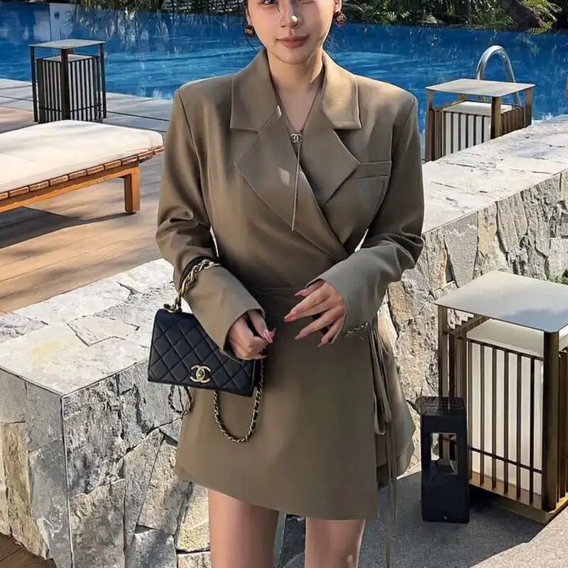 

KWTX 2025 Новый женский пиджак, однотонный повседневный свободный крой с поясом, элегантный роскошный дизайнерский весенне-летний модный верхняя одежда