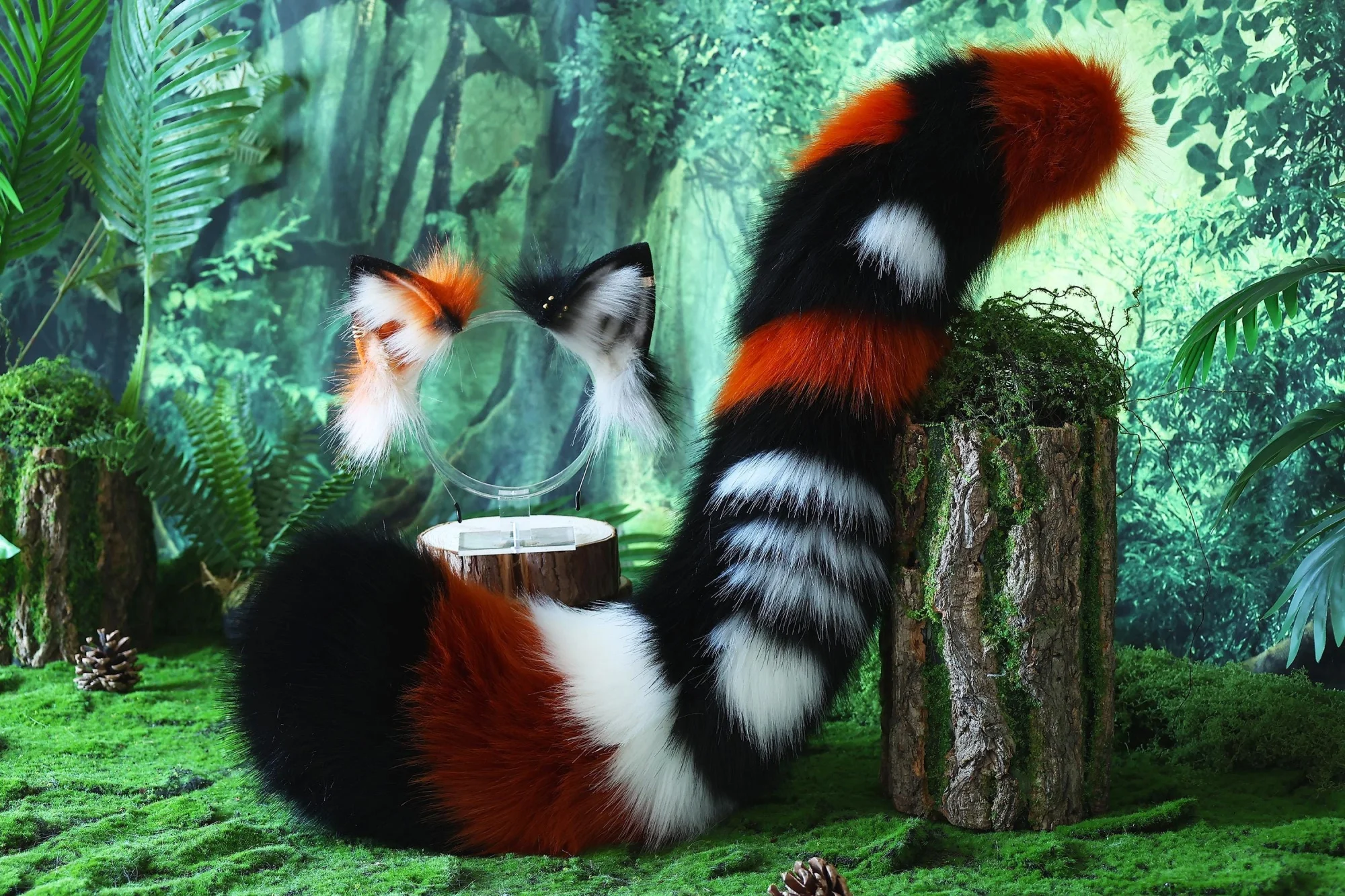 Faux fur calico cat ears and tail calico kitten tail and ears fox tail and ears wolf ears and tail anime cosplay role play