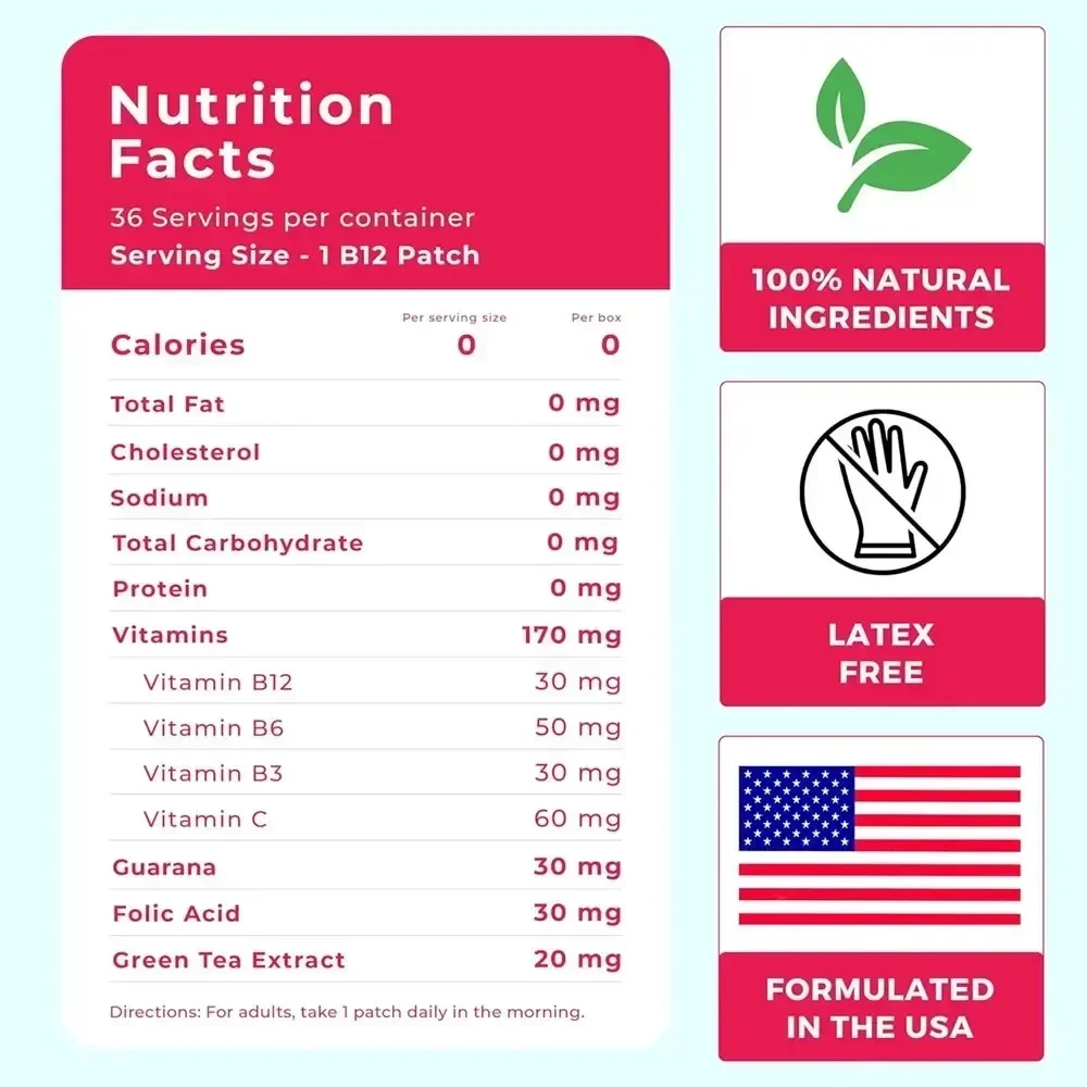 30 Patches  B12 Transdermal Patches - 100% Natural Vitamin Patches For Women, Energy, Focus & Body Support