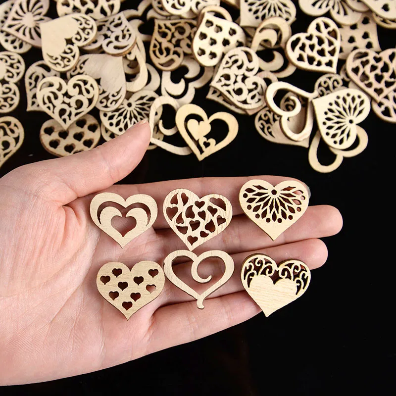 50/100pcs Hollowed Heart Pattern Small Natural Wooden Slice Scrapbook Embellishments DIY Craft Decor Heart Shape Love Wood Chips