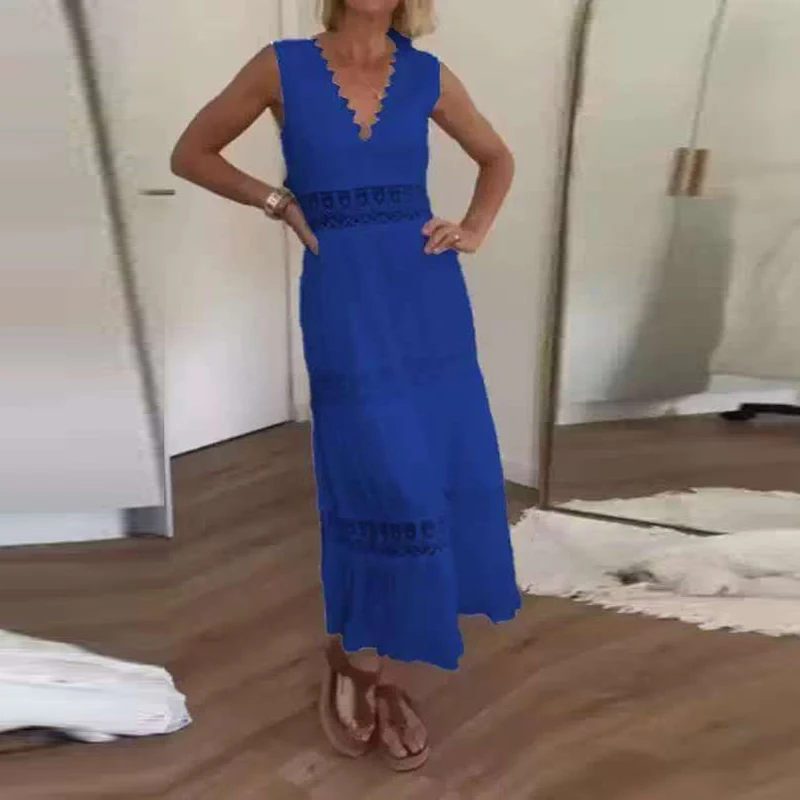 Mode Jacquard Kant V-hals Vrouwen Jurken Gehaakte Gesplitste Hol Sexy Effen Jurken Zomer Mouwloze Borduren Galajurk