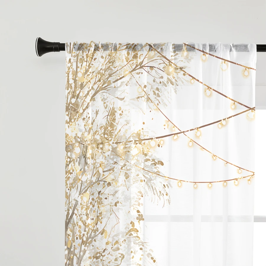 2PCS Christmas Sheer Curtains, Golden Forest Reindeer Pine, Digital Print, Bedroom Living Room, Rod Pocket, Home Decor
