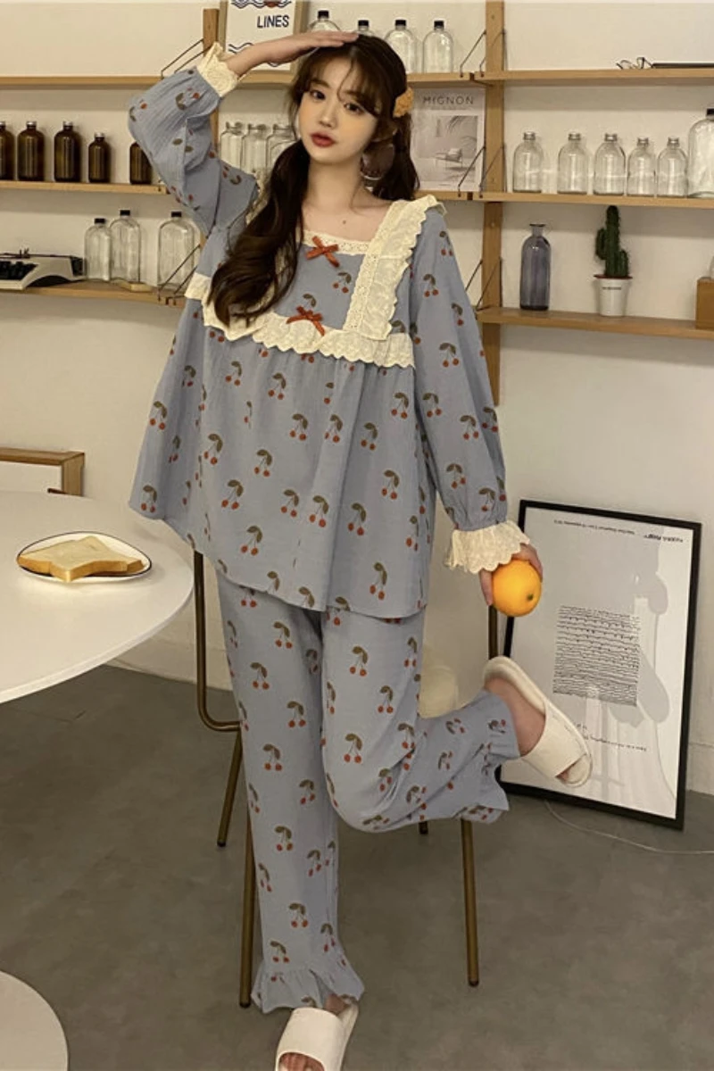 Palace style lace cute pajamas women's suit autumn winter Korean style cute sweet student style home clothes two-piece set chic