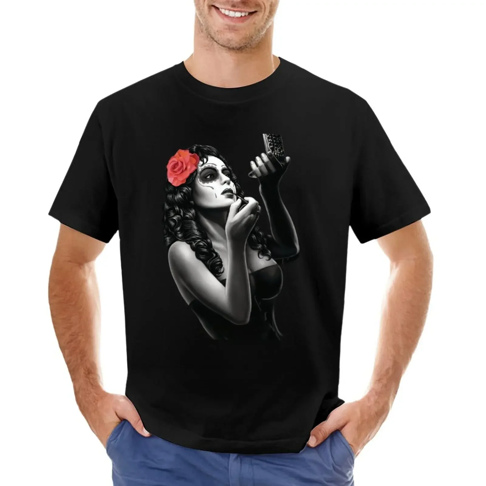 sugar skull tattoo girl with red rose art T-Shirt customizeds heavyweights plus sizes boys whites oversized t shirt men