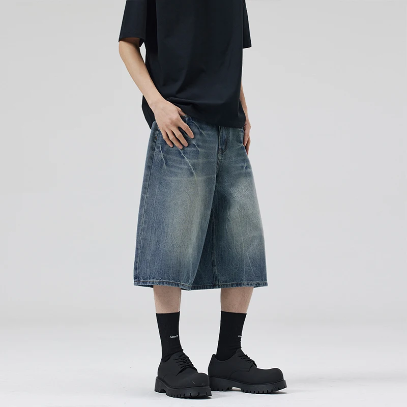 2026 summer new style Lightning crackle black gray jeans for men Men's straight loose wide leg shorts