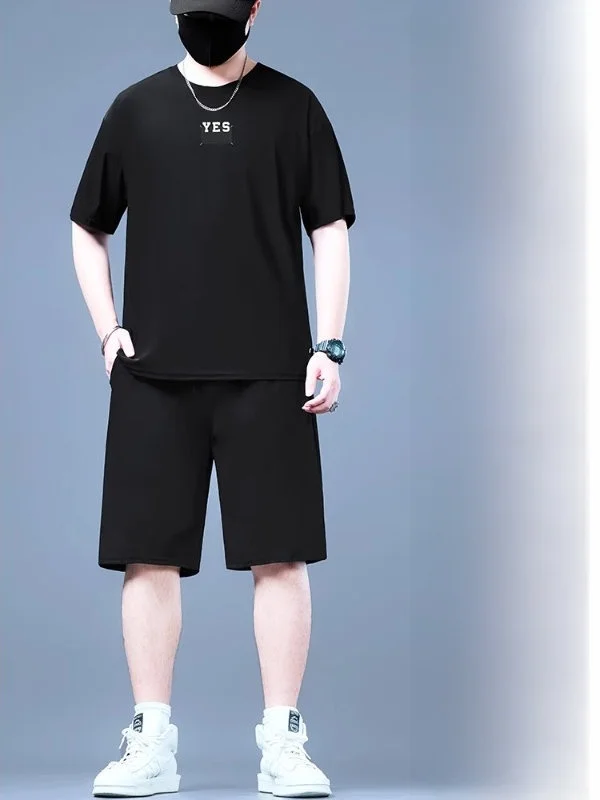 

plus Size Summer Ice Silk ort Sve T-irt Men's Loose Casual Qui Dry Sports Set Polyester Fiber Cotton 00% Big Size