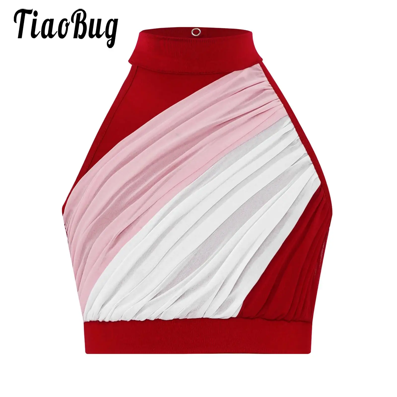 

Girls Modern Lyrical Dance Performance Costume Tank Tops Ballet Skating Cheer Dancewear Sleeveless Color Block Ruched Crop Top