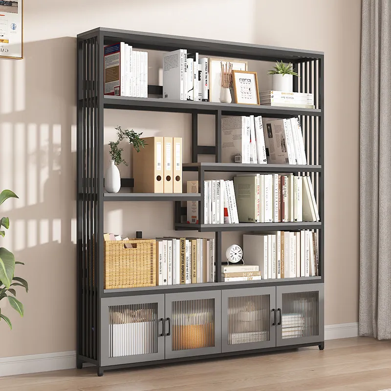 Bookshelf Floor-to-ceiling shelf Living room Multi-layer locker Integrated against the wall Wrought iron storage rack Lattice