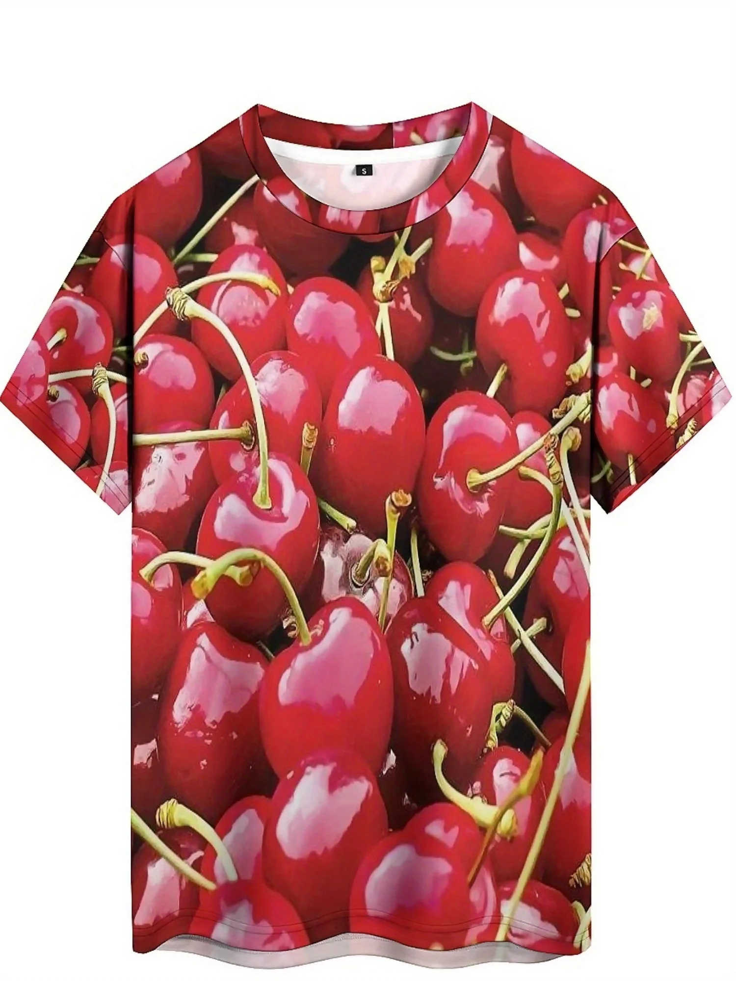 Men's 3D Print Geometric Abstract Art T-Shirt - Vibrant Red Cherry Design, High-Quality Polyester, Loose Fit Casual Streetwear