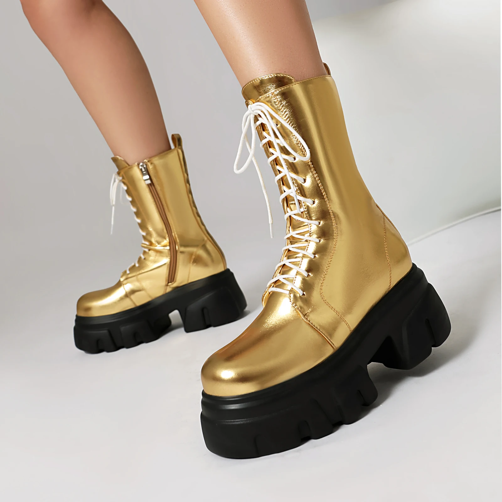 Silver Gold Women Platform Ankle Boots High Thick Heels Round Toe Winter Fall Brown Dress Party Lady British Zipper Daddy Shoes