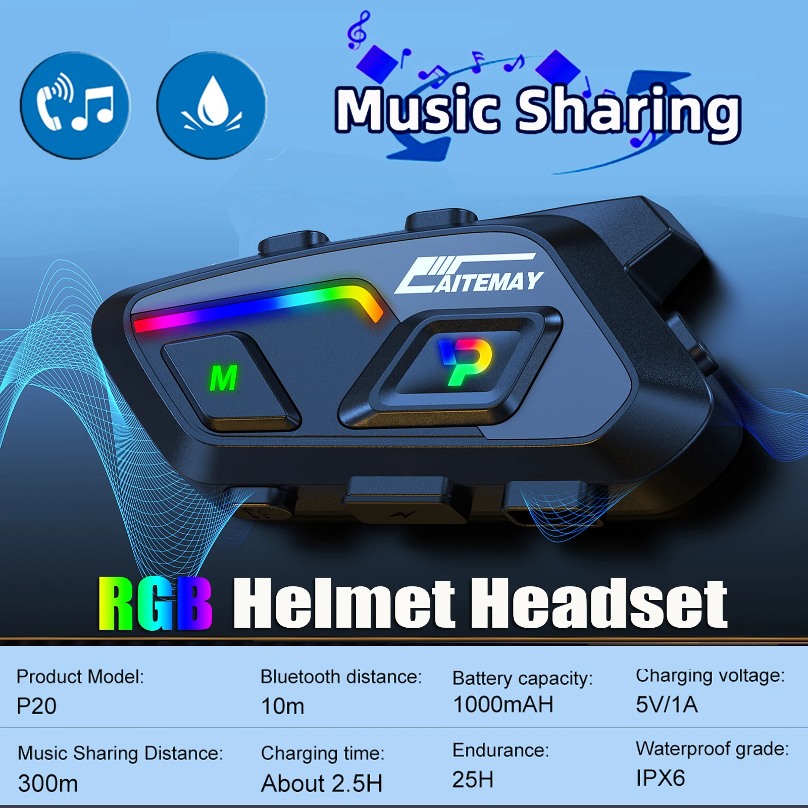 Bluetooth Motorcycle Helmet Headset 300M Range One For More Riders Music Share Wireless Handsfree Earphone Waterproof RGB Light