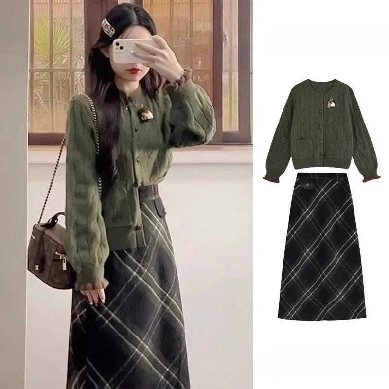 Autumn and Winter Wear Salt Series Lively Aging Small Fragrant Style Knitted Cardigan Sweater Half Skirt Two piece Set