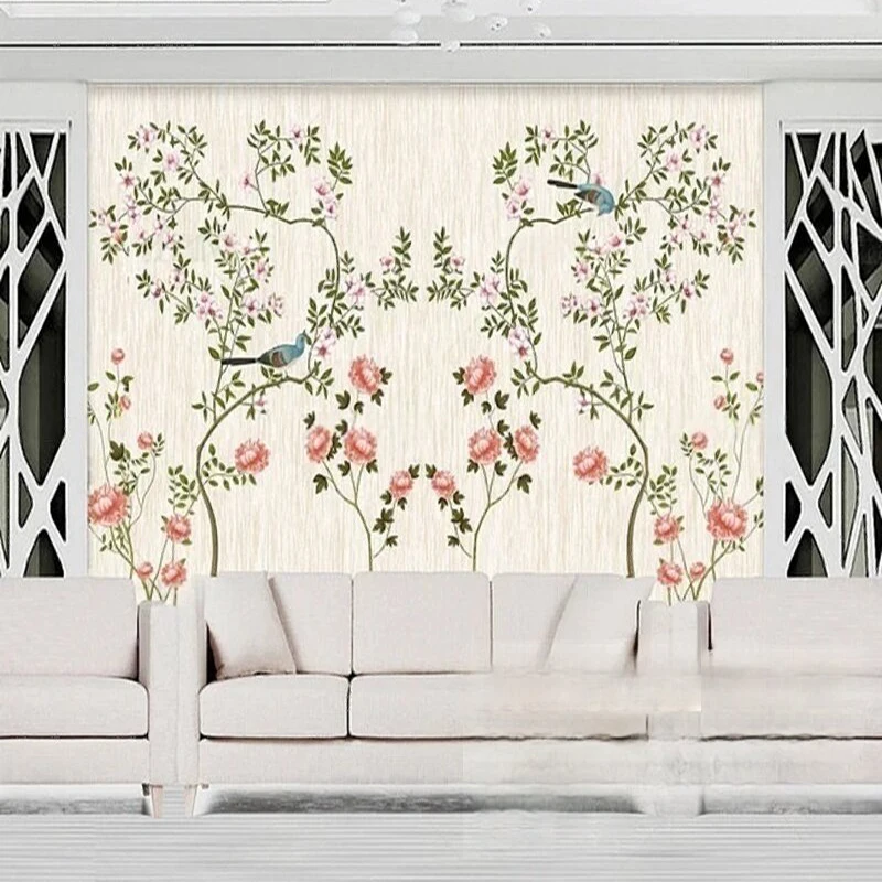 

Modern Minimalist Elegant Hand-Painted Flower And Bird Watercolor American-Style TV Background Wall For Bedroom And Living Room