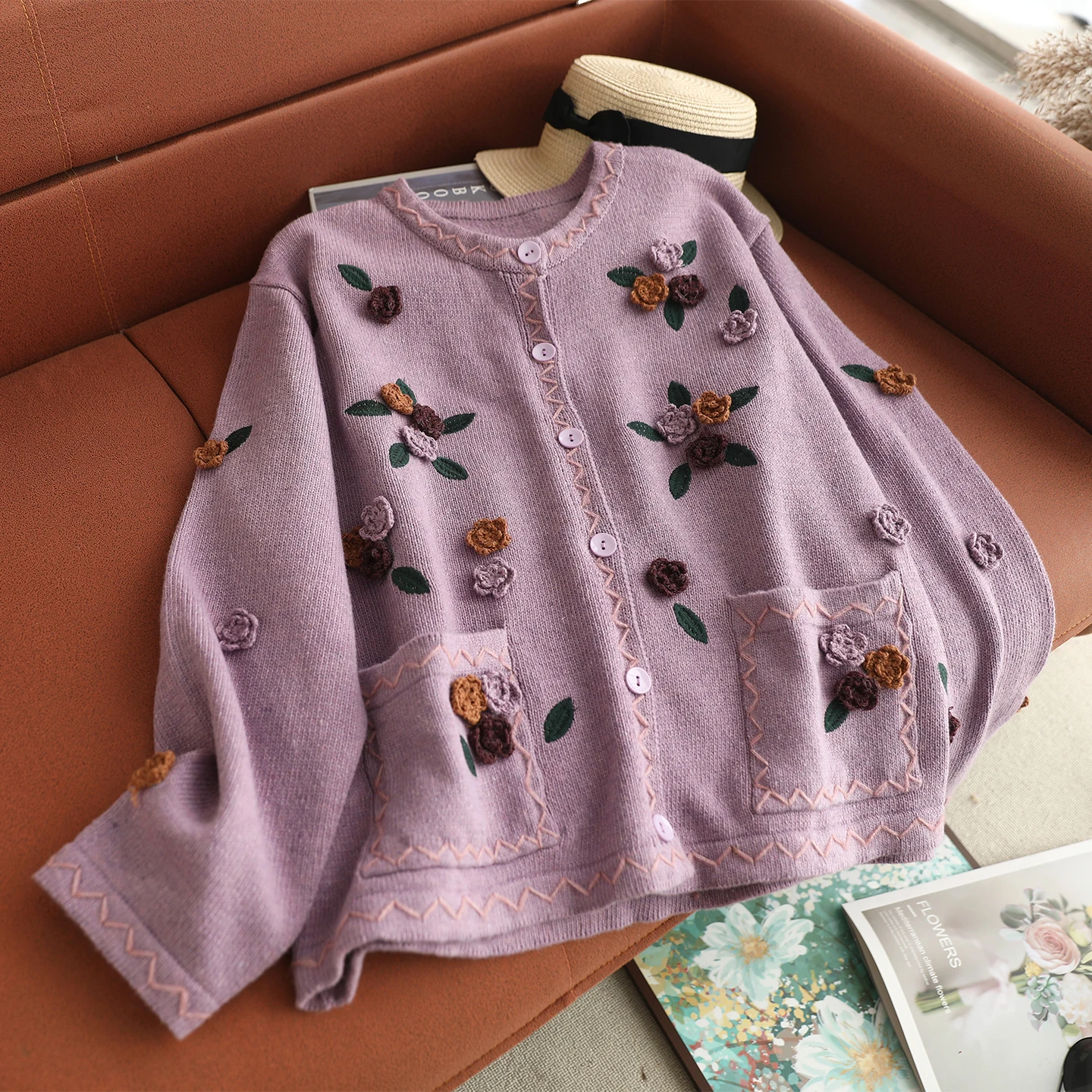 Japanse Zoete Mori Meisje 3D Bloem Applicaties Gebreid Vest Vrouwen Lente Herfst O-hals Lange Mouw Casual Losse Trui Jassen