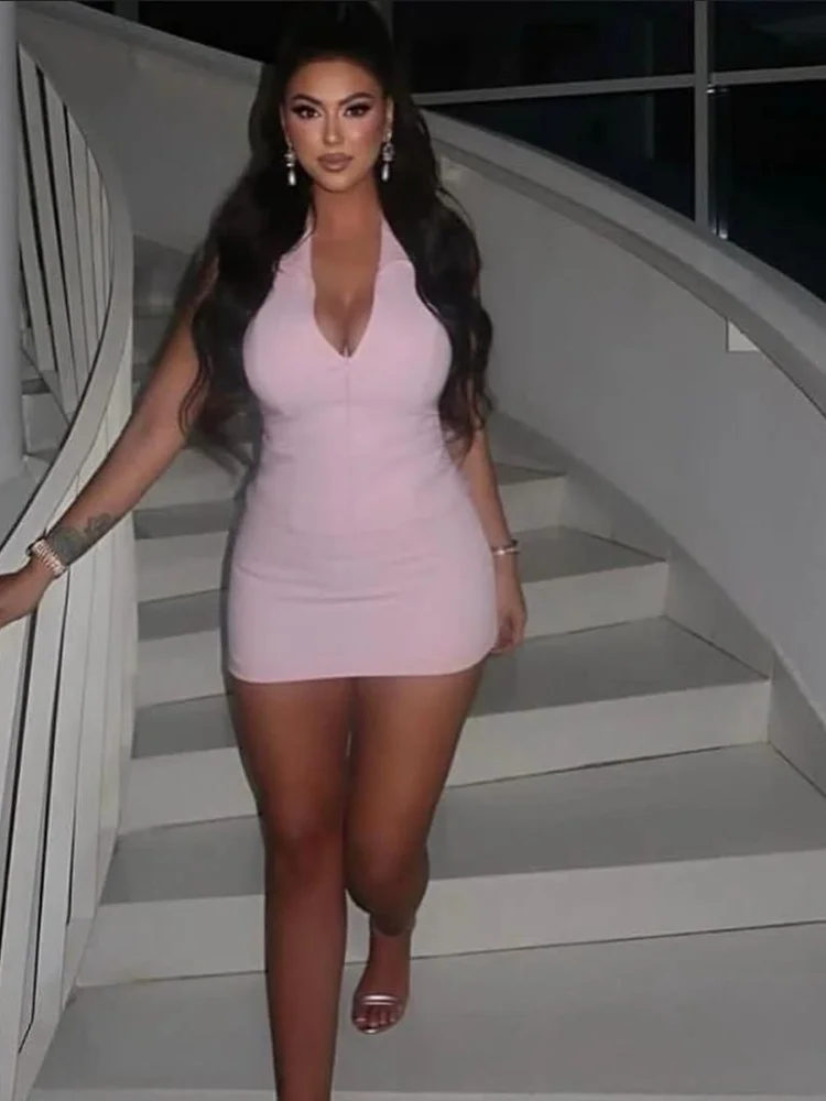 

Сексуальный однотонный тонкий мини-кюлоты, женский шикарный комплект с открытой спиной и глубоким v-образным вырезом на молнии, тонкий топ с лямкой на шее, 2026 женская праздничная одежда