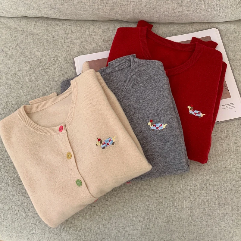 Women's 100% Wool Knitted Cardigan with Colorful Buttons