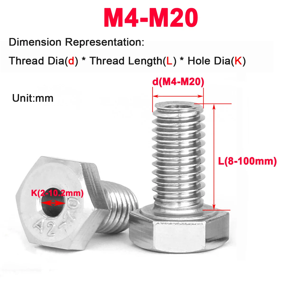 304 aço inoxidável hexagonal parafuso oco, máquina de máscara externa, rosqueamento através do furo, M4M5M6M8M10M12-M20, 304