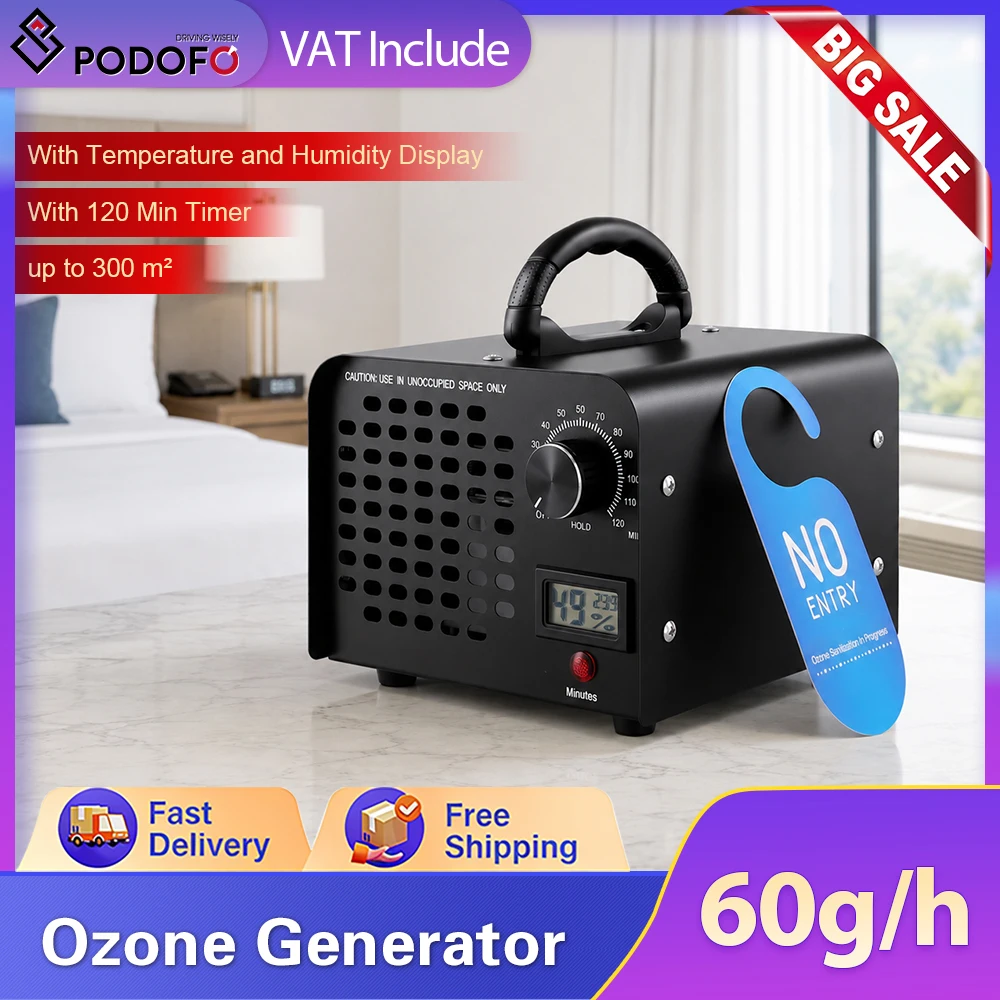 Générateur d'ozone 60000mg/h 120W, machine à ozone industrielle commerciale, AC220‑240V, minuterie de 120 minutes, affichage de la température et de l'humidité, éliminateur d'odeurs pour voiture, maison, cuisine, bureau, pièce pour animaux de compagnie, prise EU.