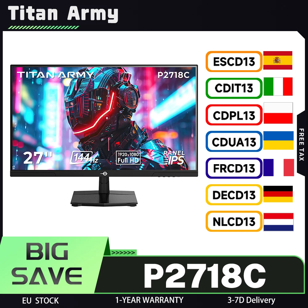 TITAN ARMY P2718C plat, rapport d'aspect 16:9, IPS, taux de rafraîchissement FHD 144 Hz, moniteurs de jeu, 27 pouces, 350cd/m2 (typé), 250cd/m2 (Min)