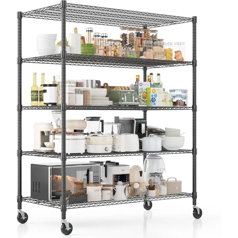 

5-Shelf Heavy-Duty Wire Shelving with Wheels, 24x60x82, Commercial Metal Storage Racks for Kitchen, Pantry, and Garage, Black