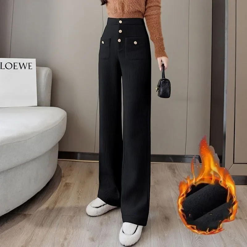 

Autumn and Winter Women's Solid Button Pocket Loose Fit High Waist Straight Elastic Belt Fashion Elegant Commuter Casual Pants