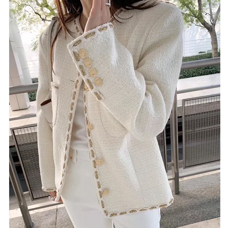 

White Chic Tweed Jacket Woman Autumn Golden Button Business Elegant Woolen Coat Ladies Long-sleeve Vintage Clothing OL