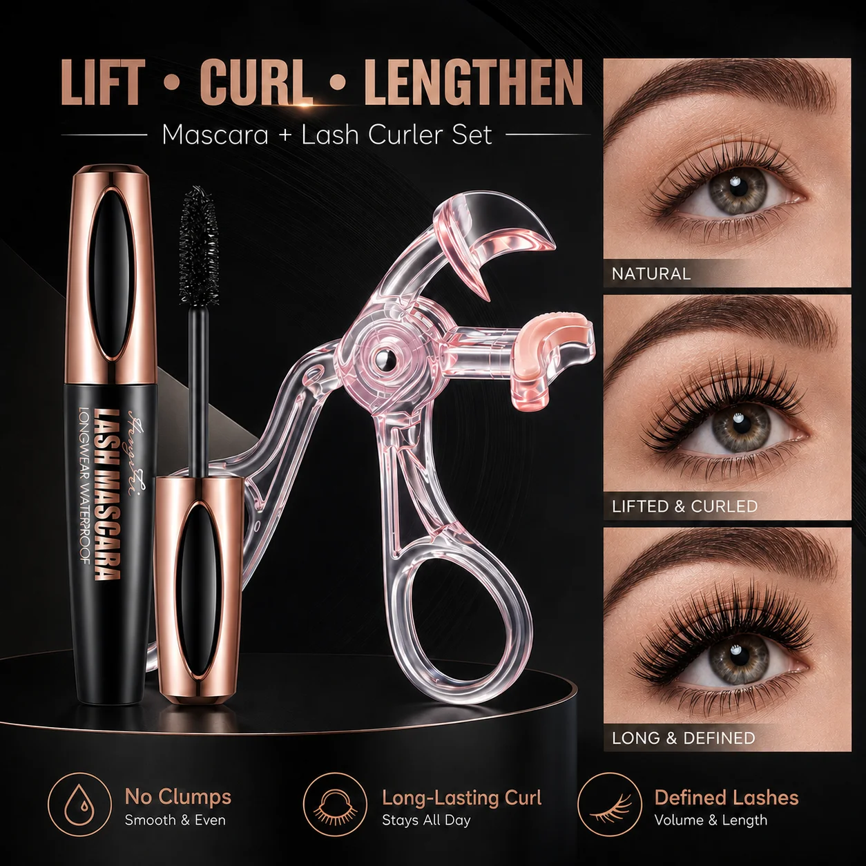 2pcs Waterproof Mascara & Eyelash Curler Set Long Lasting Lash Lifting Curling Volumizing Eye Makeup Kit