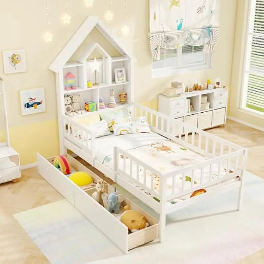 Cama de casa doble con 2 cajones de almacenamiento, cama Montessori de madera maciza con cabecero en forma de casa, no necesita somier, cama para niños
