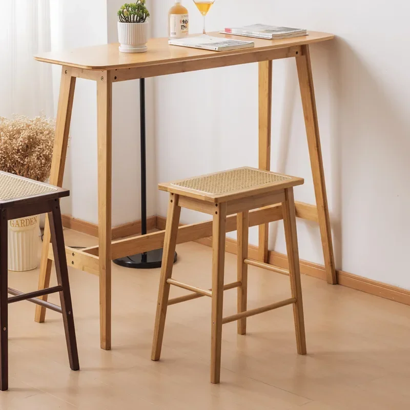 Rattan high stool Japanese retro home thickened high stool strong and durable high bench solid wood island table bar stool