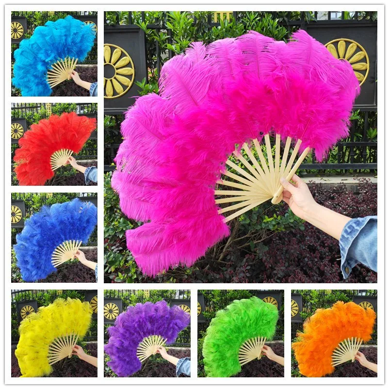 

YOYUE 15 Bone High Quality Ostrich Feathers Fan Halloween Party Wedding Celebration Belly Dance Show DIY Decorative Feathers Fan