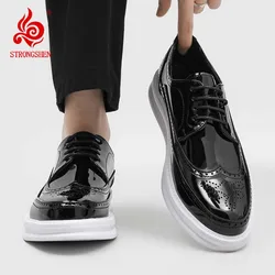 STRONGSHEN Men Casual Fashion Shoes Handmade Carving Brogue Leather Business Shoes Men Flats Black White Oxfords Formal Shoes