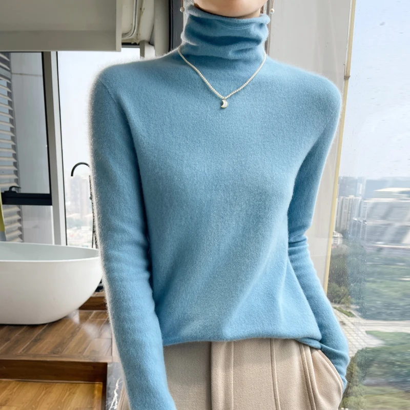 Fall-Winter 2024 New 100% Pure Wool Women\'s High Neck Long Sleeve Cashmere Sweater Slim Fit Warm Knitted Cashmere Sweater Top