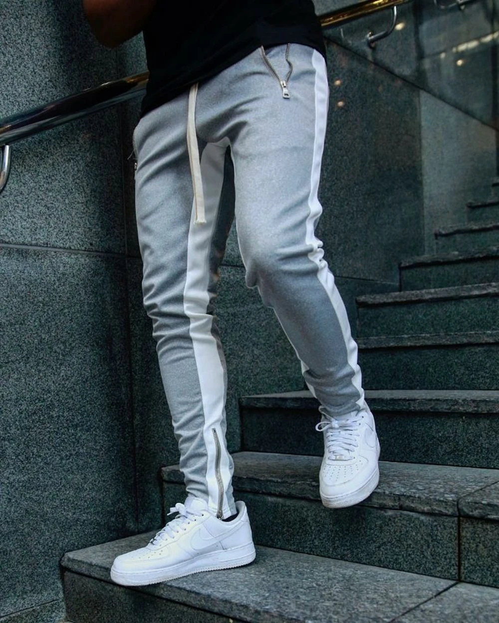Mens Training Pants GYM Track Sweatpants Joggers Breathable Stripe Workout Fitness Male Running Sport Trousers Zipper Pockets