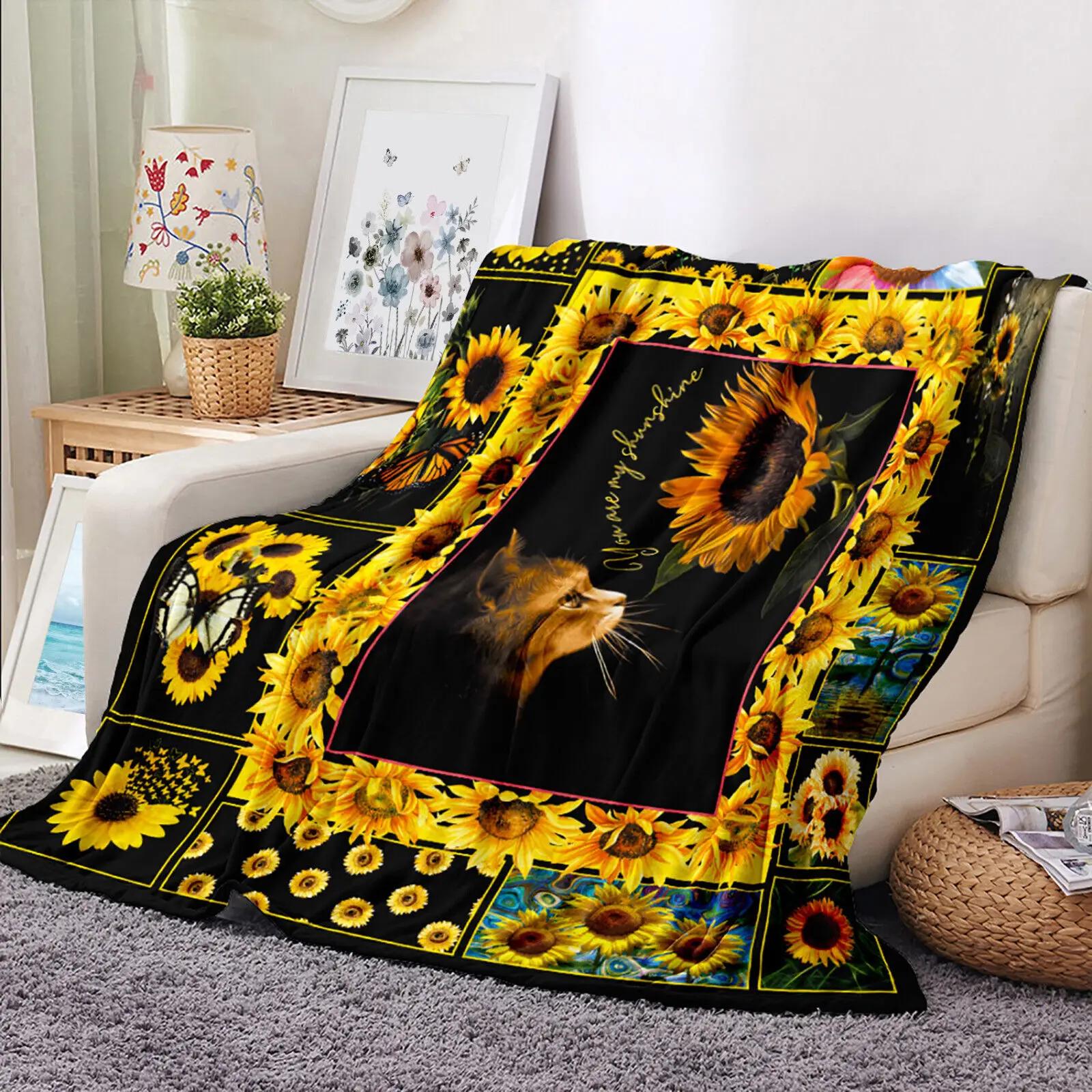 

Butterfly Cute Cat Sunflower Patchwork Throw Blanket for Couch Bed Sofa Office