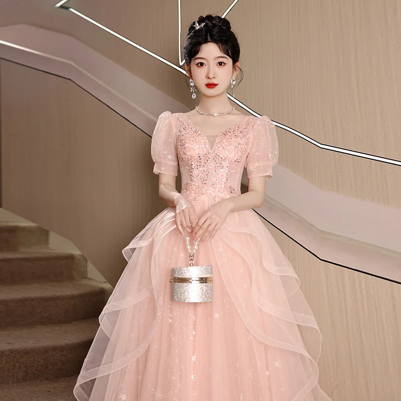 Pink French Evening Dress Women's Engagement Wedding Toast Host Birthday Annual Meeting Graduation Pettiskirt Long Autumn