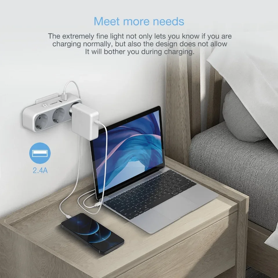 TESSAN Enchufe de pared UE con interruptor Protección contra sobrecarga Adaptador de enchufe múltiple Mini extensor con 3 salidas de CA 2 USB