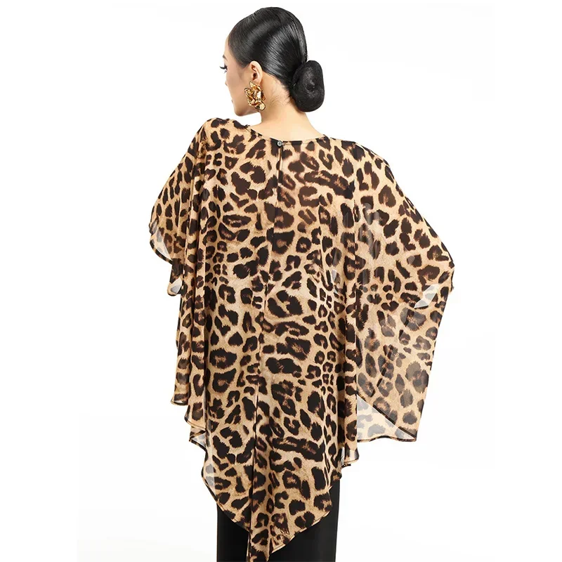 New Latin Dance Tops Leopard Mesh Irregular Smock Adult Women Ballroom Dance Clothing Waltz Dance Blouse Performace Wear NV21837