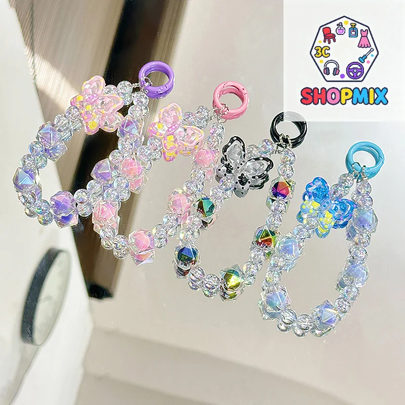 

Butterfly Beads Bag Pendant Keychain Sweet Girls Anti Loss Wristlet Cell Phone Chain Earphone Holder Backpack Charms