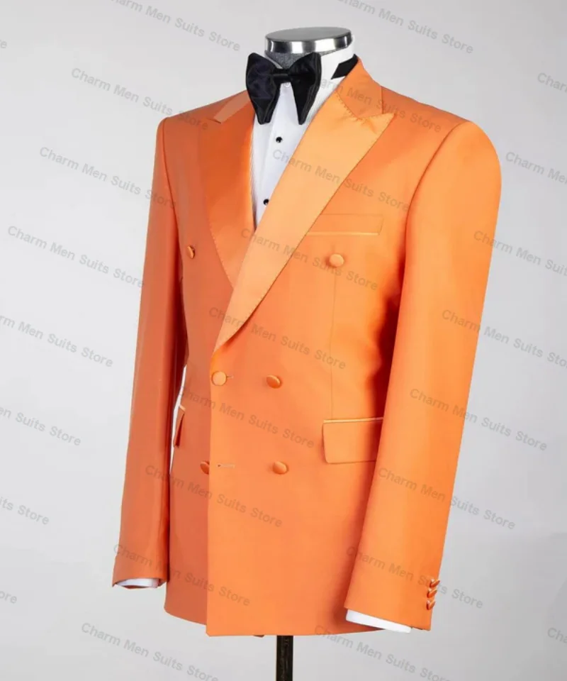 Orange Office Men Suits Set 2 Piece Blazer+Pants Cotton Trousers Groom Wedding Tuxedo Custom Made Prom Jacket Satin Lapel Coat