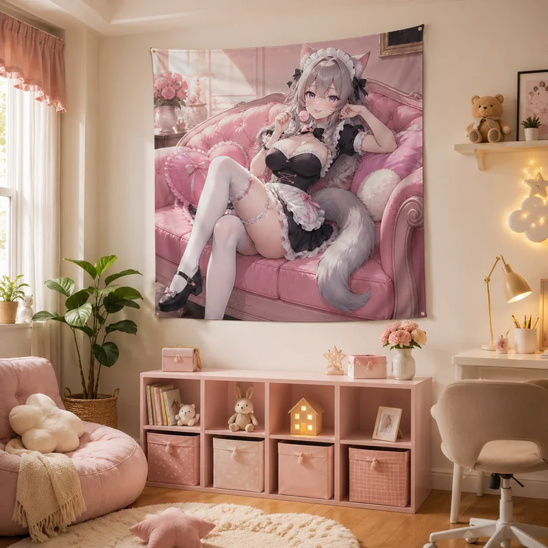 VIKAMA Pink Sweet Lolita Sofa Catgirl Maid Tapestry Soft Cute Girl Heart Cat Ear Maid Printed Hanging Cloth Anime Room Decor