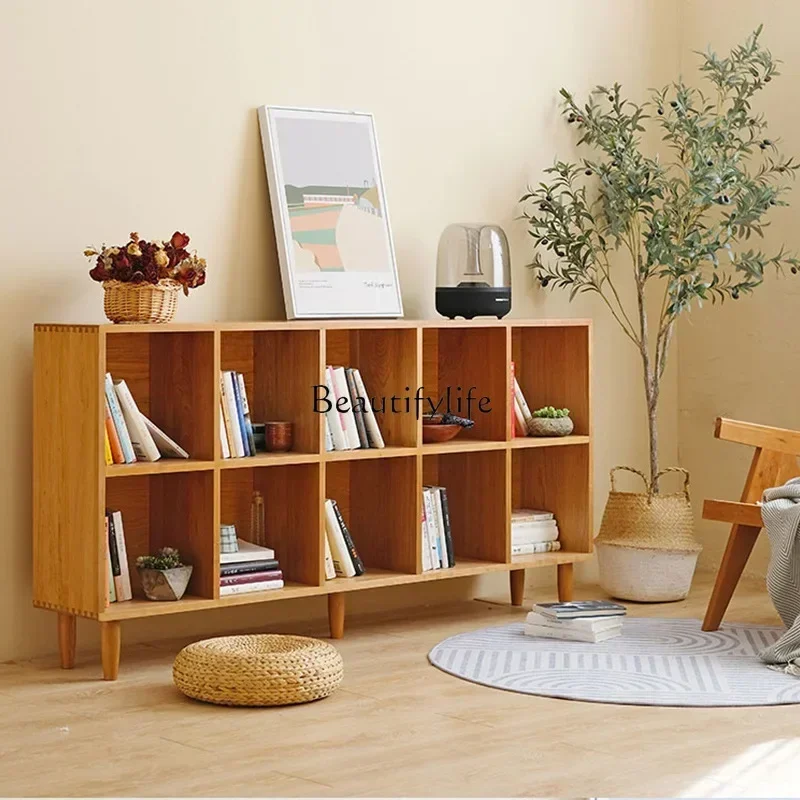 yj21 Nordic Solid Wood Bookshelf Small Apartment Home Storage Grid Organizer Cabinet