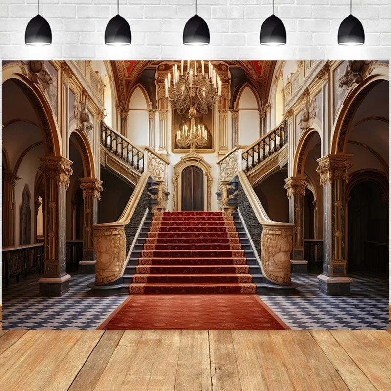 Wedding Luxury Celebration Background Red Carpeted Staircase Grand Building With Chandelier Stage Photography Backdrops TW-01