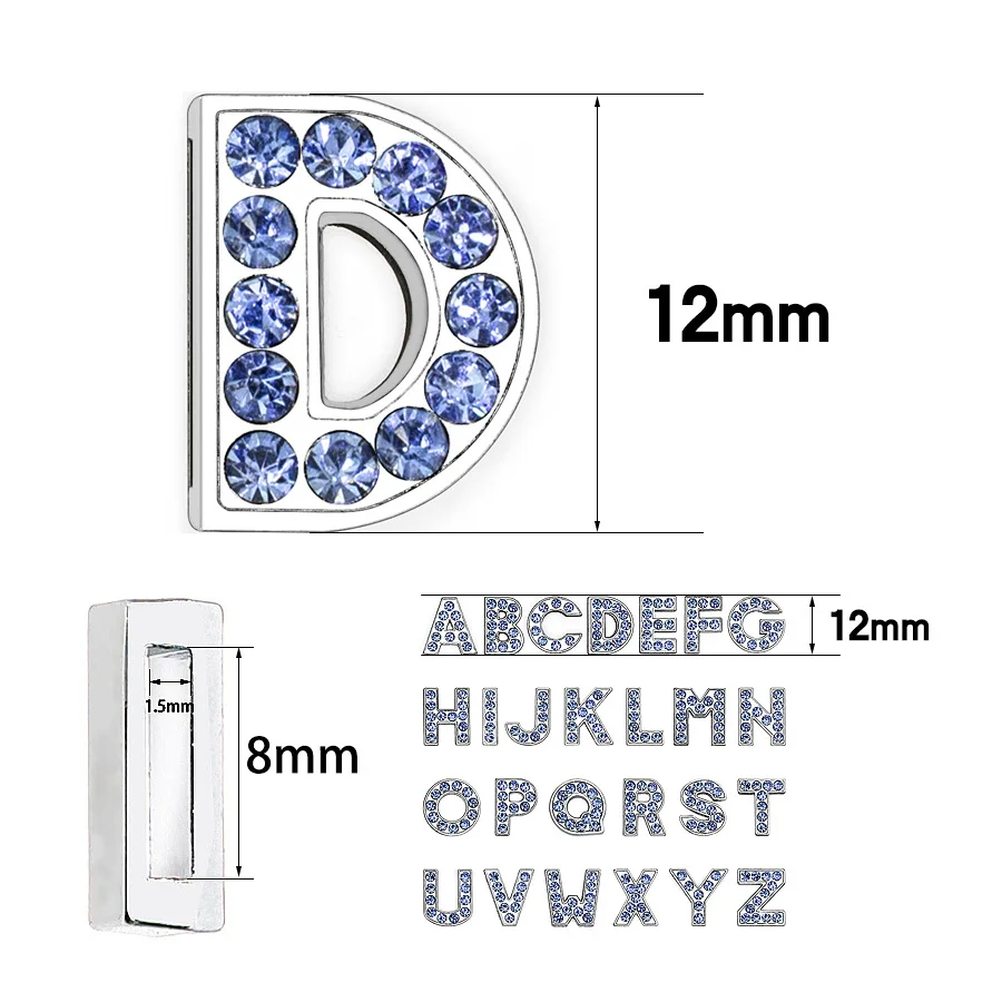 8mm A-Z LT Blue Color Rhinestone Slide Letters Charms DIY Jewelry Marking Fit Pet Collar Wristband Keychains 1pcs