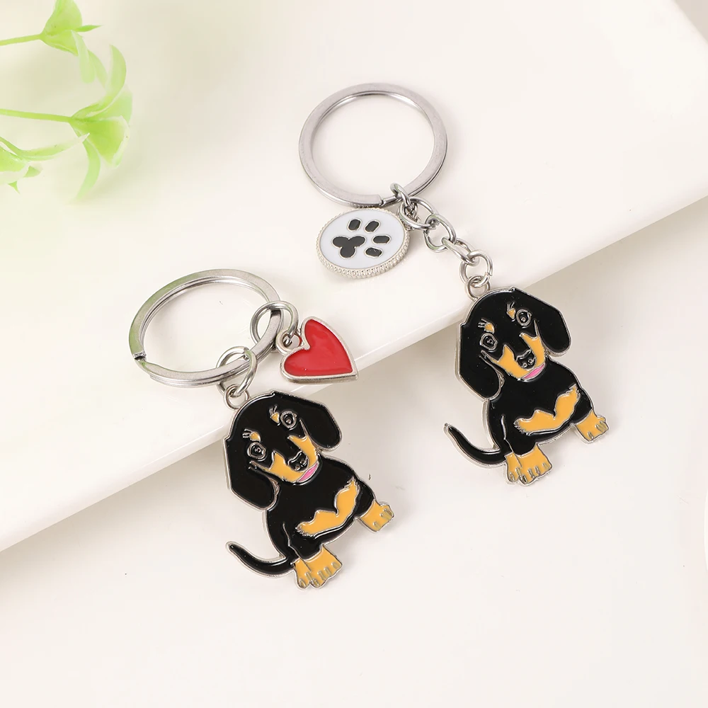 Metal Cute Dachshund Bulldog Dog keychains car key ring pet dogs heart Tag key men gift Metal Pendant best friend gifts