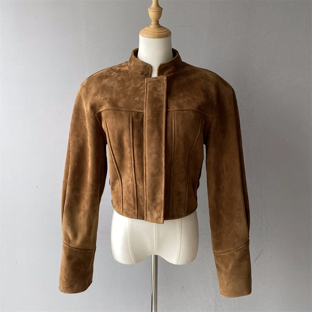 Jxwatcher Damen-Jacke aus echtem Wildleder, kurzer High-End-Mantel aus echtem Schaffell, für Damen, Herbst und Winter, Ziegenleder-Wildleder-Bombermäntel