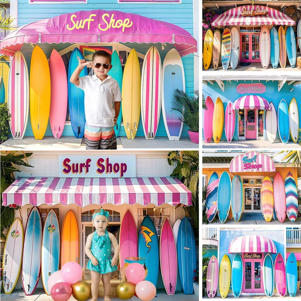 Photography Background Summer Surf Shop Poster Backdrop Boy Girl Surfing Birthday Party Kid Cake Smash Surfboard Decor Photocall