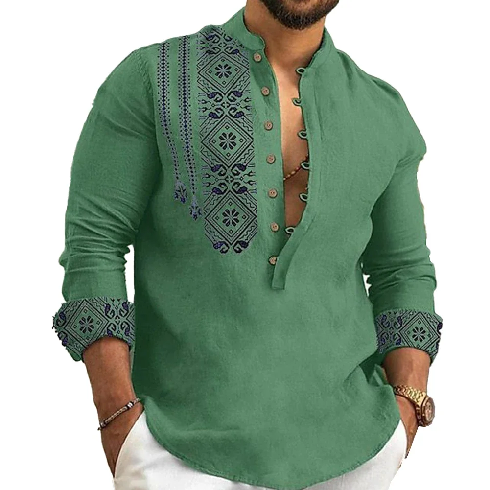 Men Long Sleeve Button-Down Shirt Blouse Loose Henley V-Neck Beach Tops T Shirts