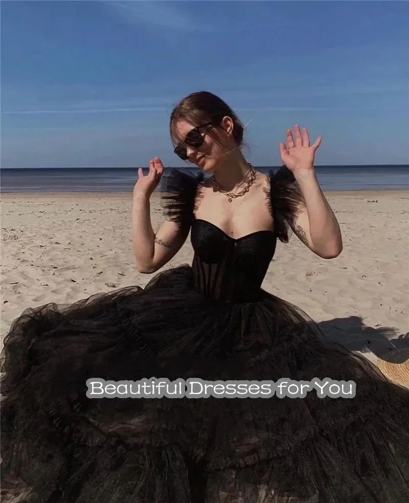 Sweetheart Black Tulle A Line Evening Party Tulle Prom Dresses Strap Bone Tea Length Women Customized Simple Event Gown Outfit