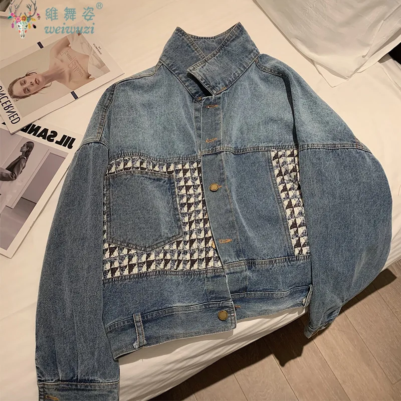 

Элегантная женская лоскутная джинсовая куртка в клетку, осеннее ковбойское пальто, уличный повседневный джинсовый топ, корейская женская свободная модная верхняя одежда