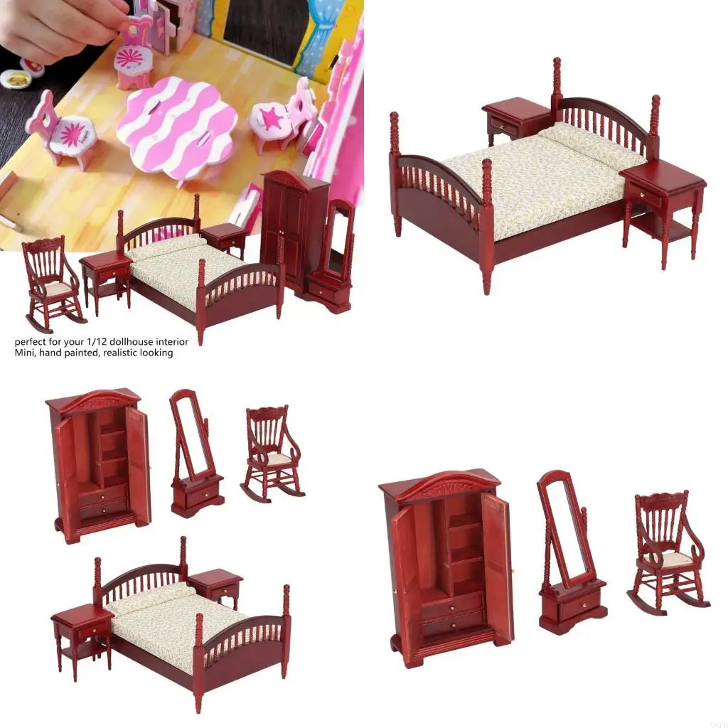 

Деревянный кукольный домик, прикроватный столик, набор мебели для спальни, миниатюрные декоры в масштабе 1/12